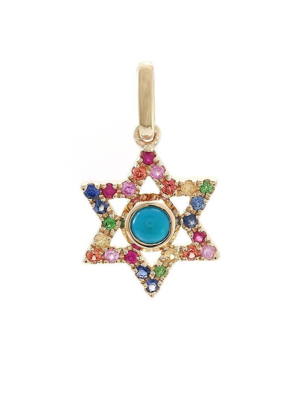 14K Real Solid Yellow Gold Jewish Star Natural Multi-Gemstone Pendant 0.18ctw